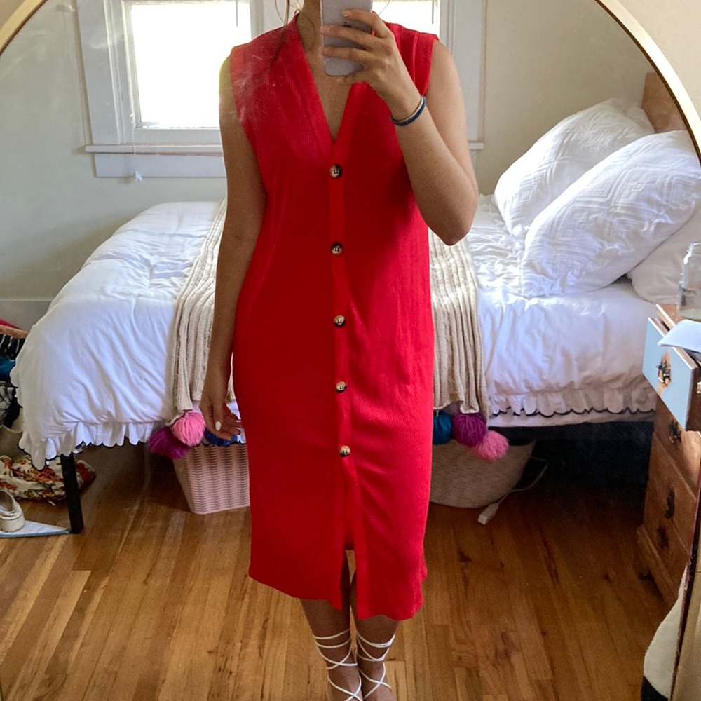 Red button down knit sleeveless midi dress ZARA size S